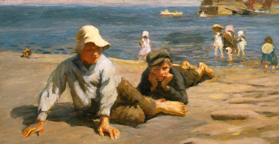 Artist's picture of two boys playing by the sea
